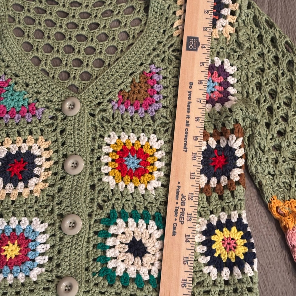 Olive Green Crocheted Patchwork Button-Front Card… - image 4